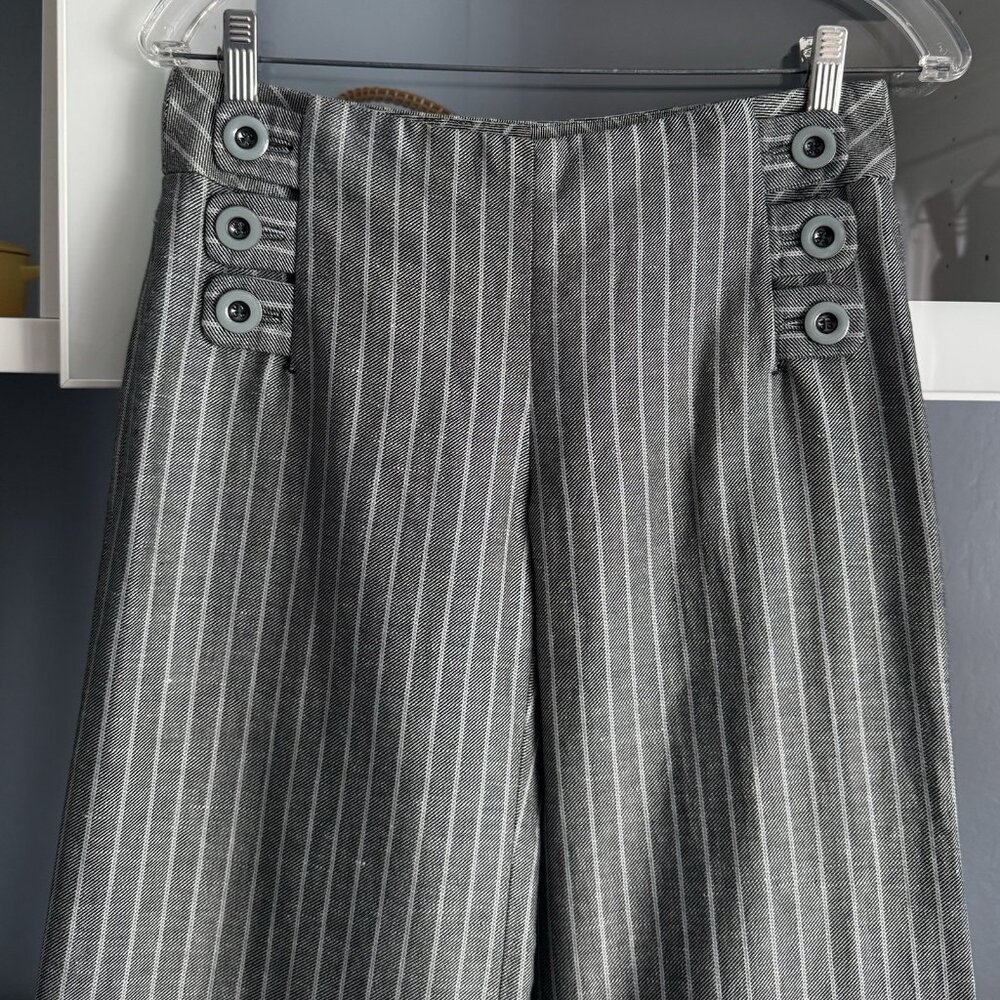 ELEVENSES Anthropologie Wide Leg Striped Trouser Pant Linen Cotton 4 Grey/blue - Picture 2 of 5